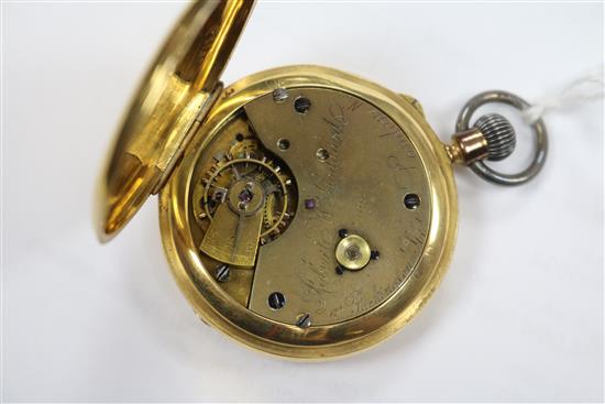 An 18ct gold half hunter fob watch.